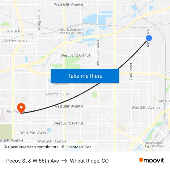 Pecos St & W 56th Ave to Wheat Ridge, CO map