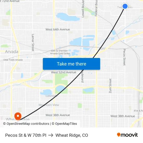 Pecos St & W 70th Pl to Wheat Ridge, CO map