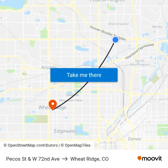 Pecos St & W 72nd Ave to Wheat Ridge, CO map