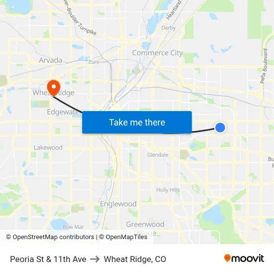 Peoria St & 11th Ave to Wheat Ridge, CO map
