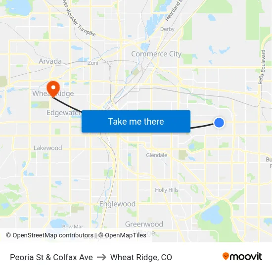 Peoria St & Colfax Ave to Wheat Ridge, CO map