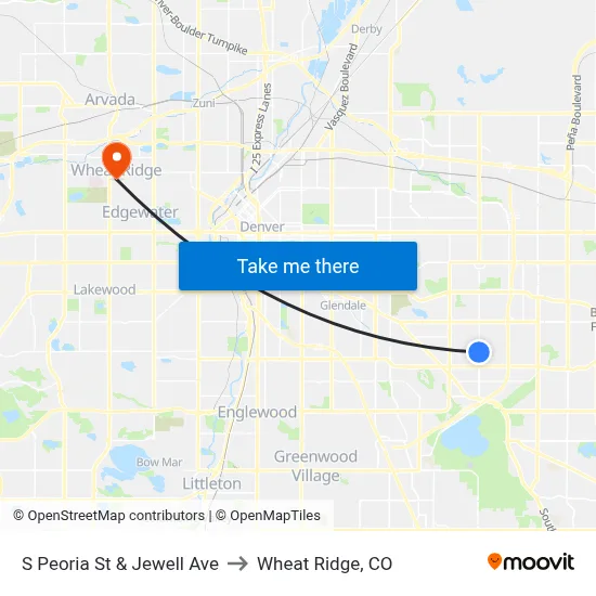 S Peoria St & Jewell Ave to Wheat Ridge, CO map
