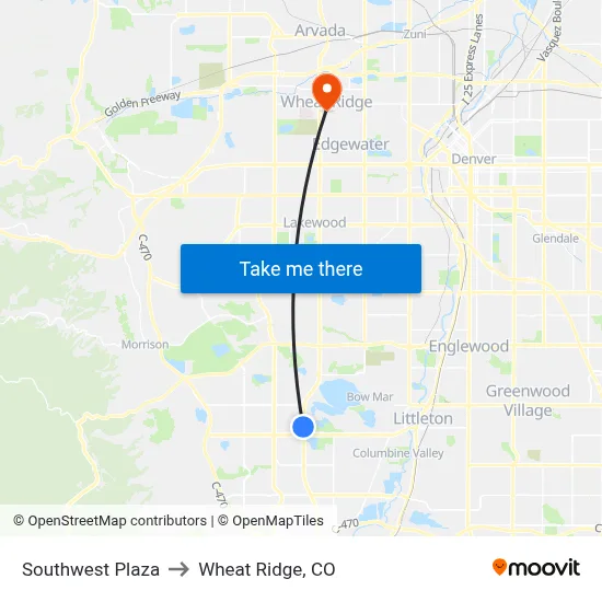Southwest Plaza to Wheat Ridge, CO map