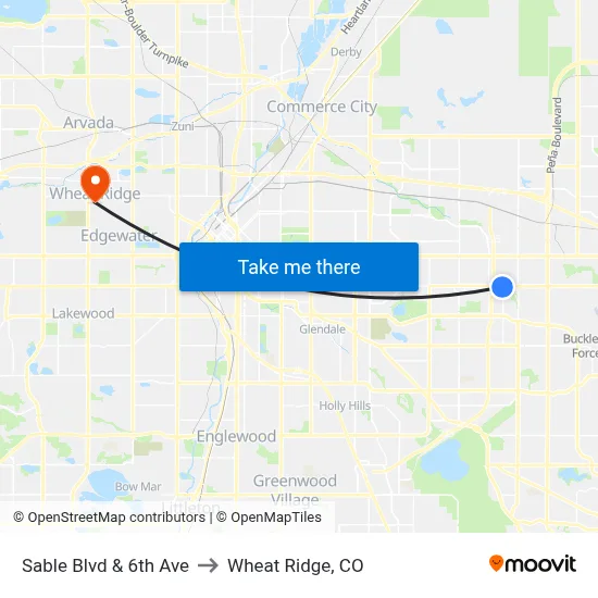 Sable Blvd & 6th Ave to Wheat Ridge, CO map