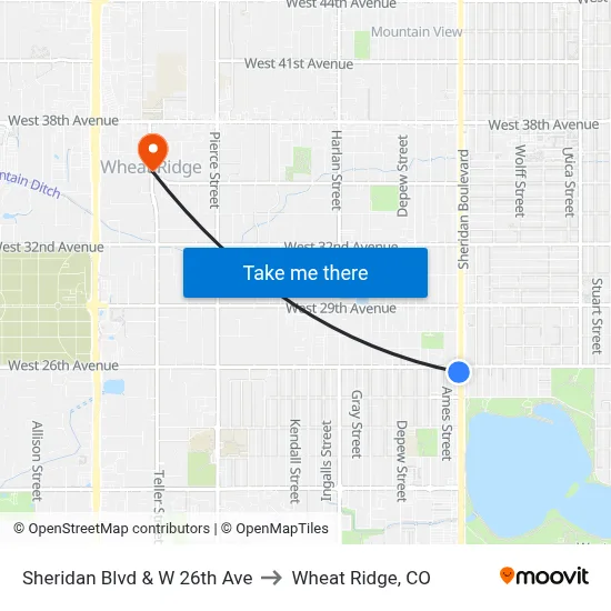 Sheridan Blvd & W 26th Ave to Wheat Ridge, CO map