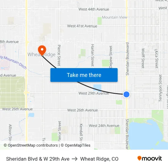 Sheridan Blvd & W 29th Ave to Wheat Ridge, CO map