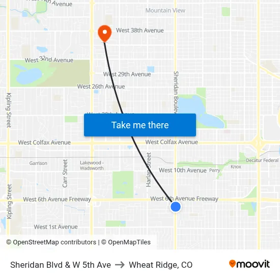 Sheridan Blvd & W 5th Ave to Wheat Ridge, CO map