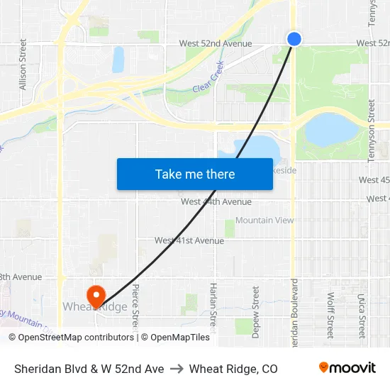 Sheridan Blvd & W 52nd Ave to Wheat Ridge, CO map