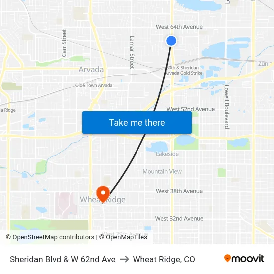 Sheridan Blvd & W 62nd Ave to Wheat Ridge, CO map
