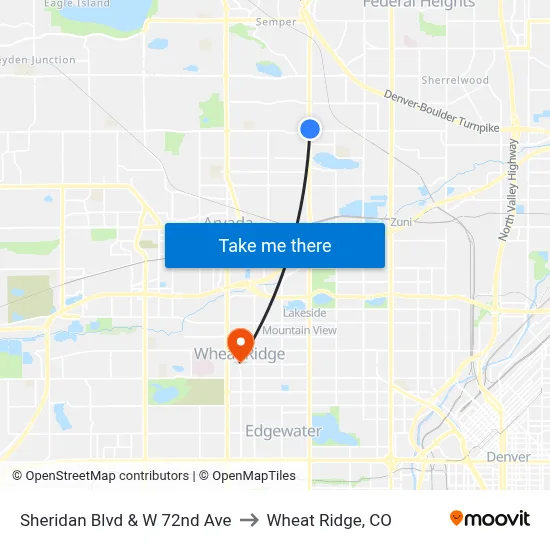 Sheridan Blvd & W 72nd Ave to Wheat Ridge, CO map