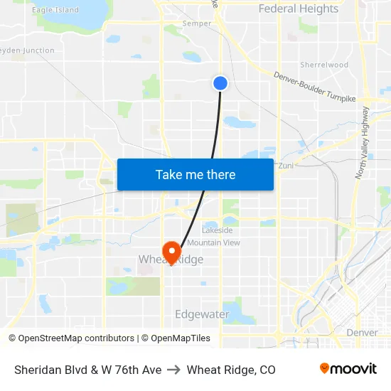 Sheridan Blvd & W 76th Ave to Wheat Ridge, CO map