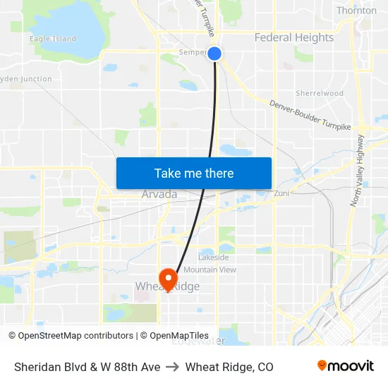 Sheridan Blvd & W 88th Ave to Wheat Ridge, CO map