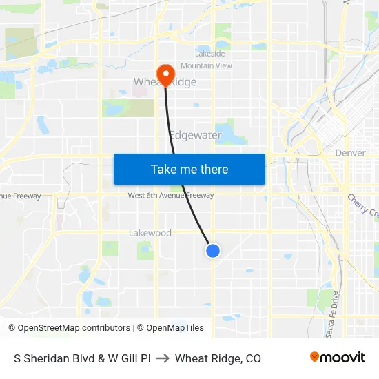 S Sheridan Blvd & W Gill Pl to Wheat Ridge, CO map