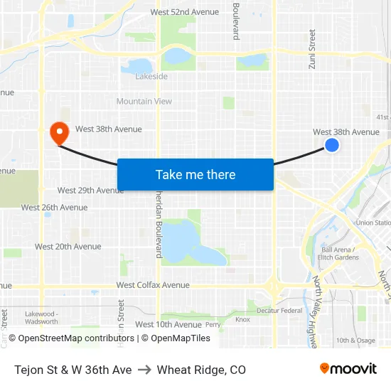 Tejon St & W 36th Ave to Wheat Ridge, CO map