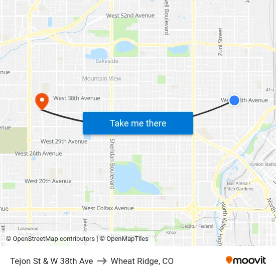 Tejon St & W 38th Ave to Wheat Ridge, CO map