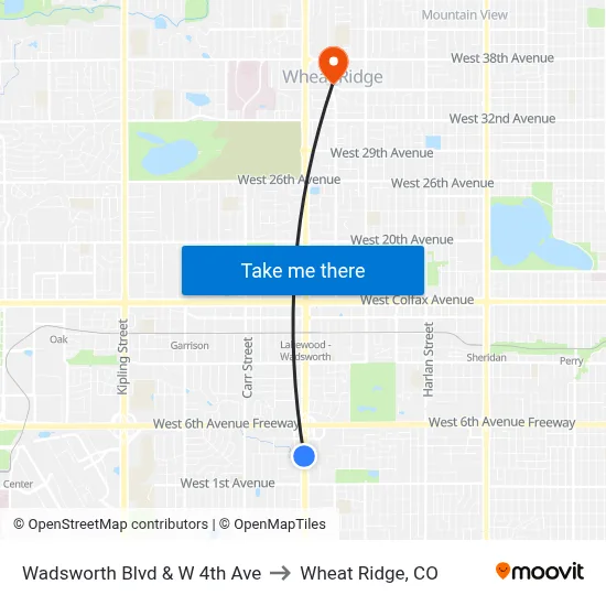 Wadsworth Blvd & W 4th Ave to Wheat Ridge, CO map