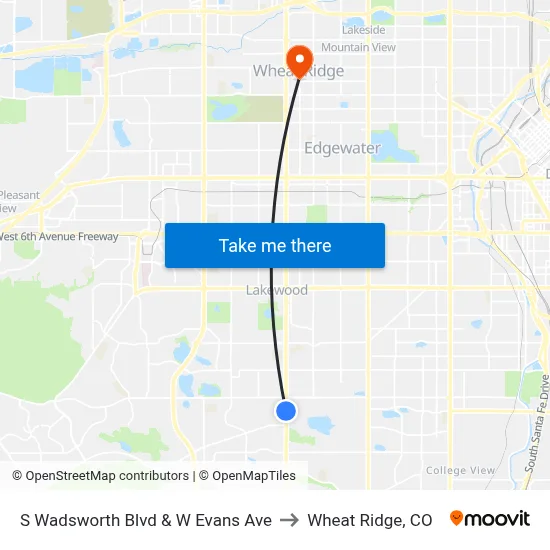 S Wadsworth Blvd & W Evans Ave to Wheat Ridge, CO map