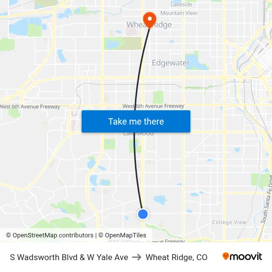 S Wadsworth Blvd & W Yale Ave to Wheat Ridge, CO map