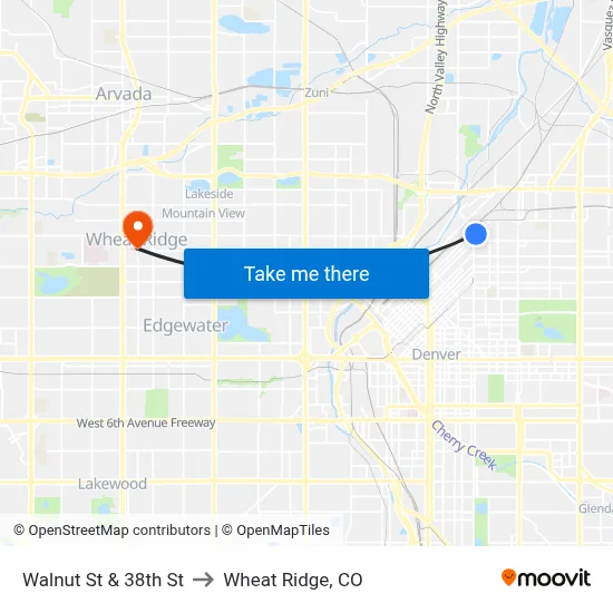 Walnut St & 38th St to Wheat Ridge, CO map