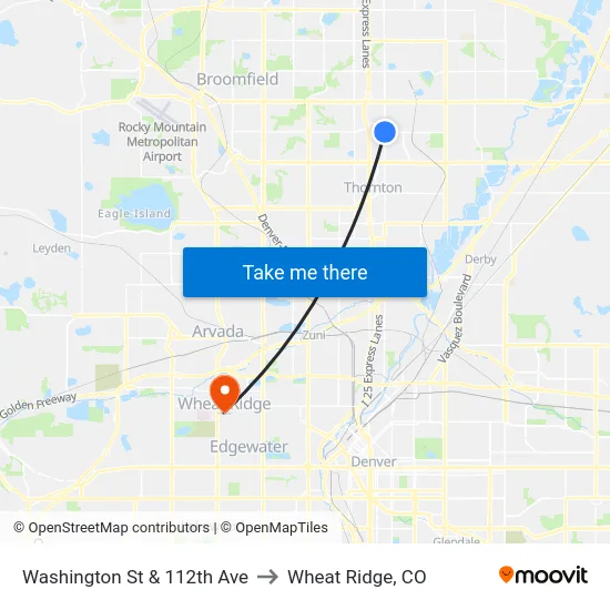 Washington St & 112th Ave to Wheat Ridge, CO map