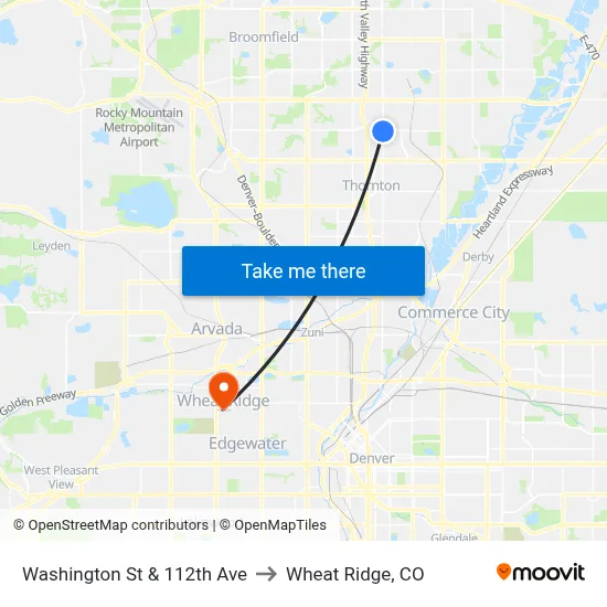 Washington St & 112th Ave to Wheat Ridge, CO map