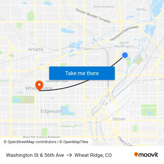 Washington St & 56th Ave to Wheat Ridge, CO map