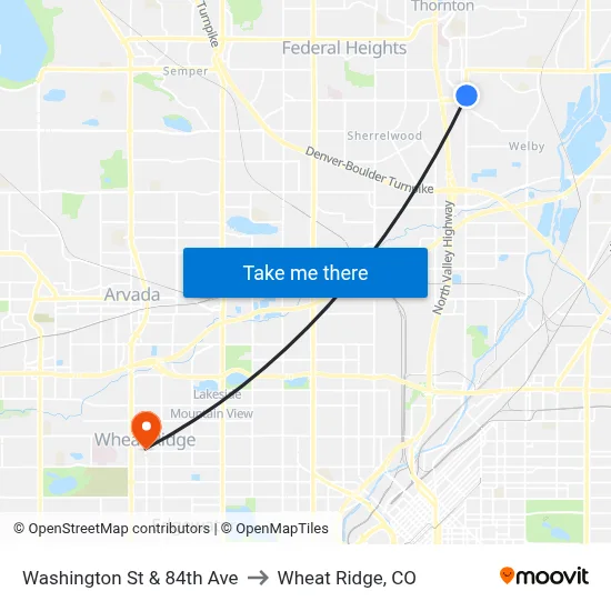 Washington St & 84th Ave to Wheat Ridge, CO map