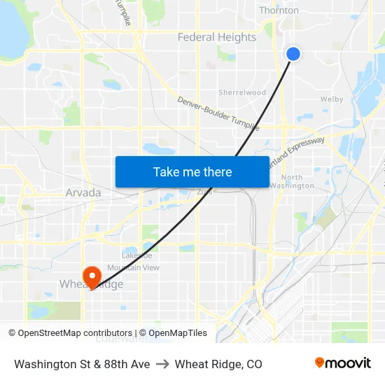 Washington St & 88th Ave to Wheat Ridge, CO map