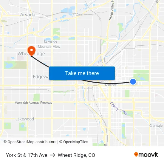 York St & 17th Ave to Wheat Ridge, CO map