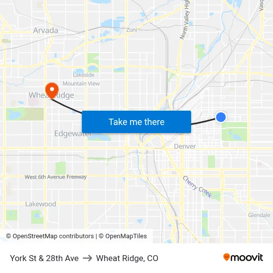 York St & 28th Ave to Wheat Ridge, CO map