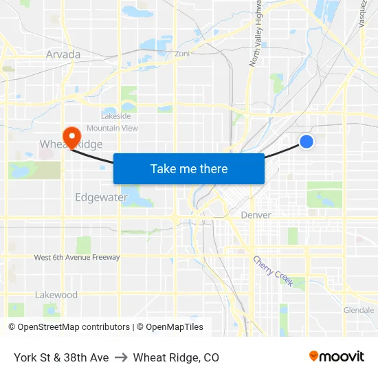 York St & 38th Ave to Wheat Ridge, CO map