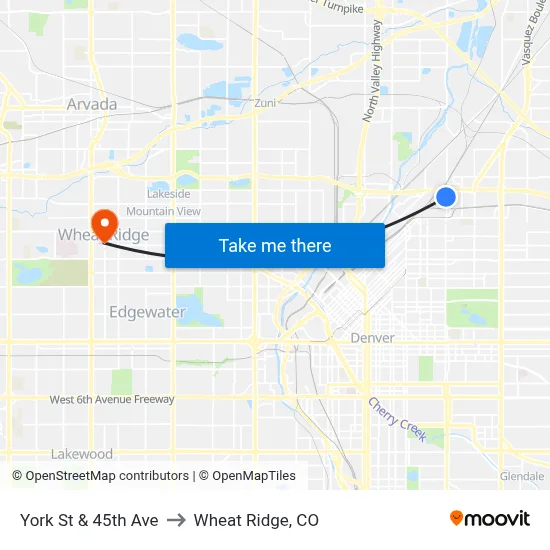York St & 45th Ave to Wheat Ridge, CO map