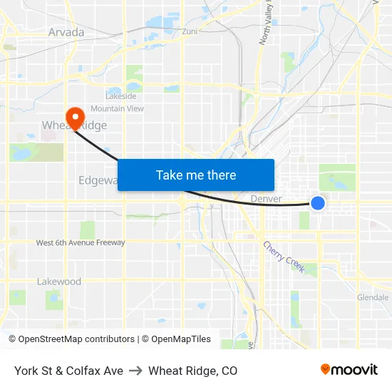 York St & Colfax Ave to Wheat Ridge, CO map