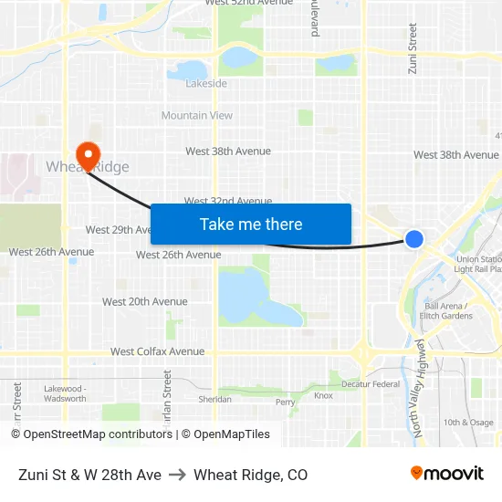 Zuni St & W 28th Ave to Wheat Ridge, CO map
