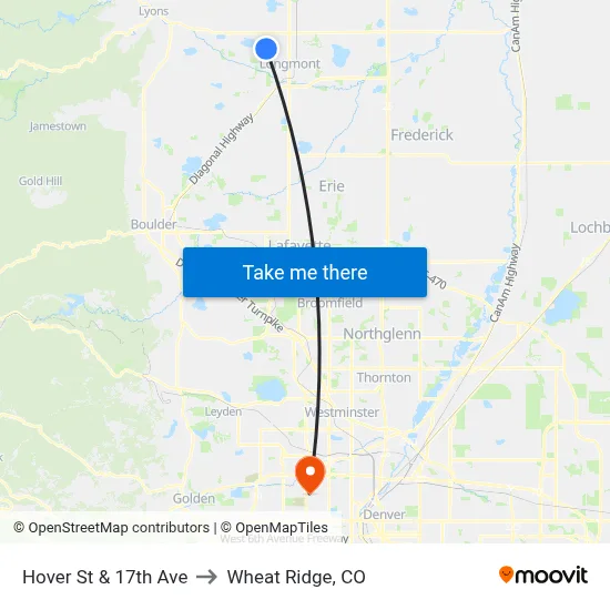 Hover St & 17th Ave to Wheat Ridge, CO map