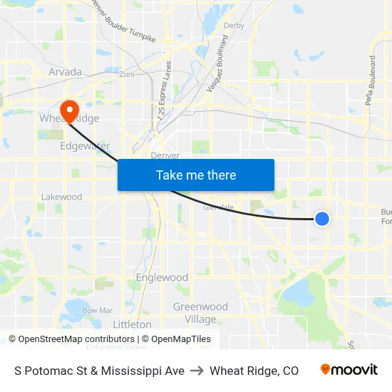 S Potomac St & Mississippi Ave to Wheat Ridge, CO map
