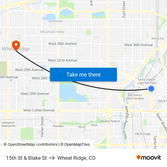 15th St & Blake St to Wheat Ridge, CO map