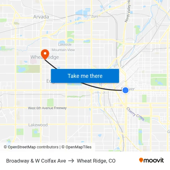 Broadway & W Colfax Ave to Wheat Ridge, CO map
