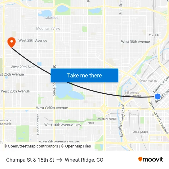 Champa St & 15th St to Wheat Ridge, CO map