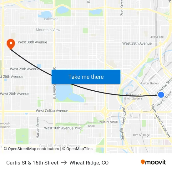 Curtis St & 16th Street to Wheat Ridge, CO map