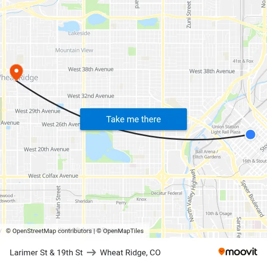 Larimer St & 19th St to Wheat Ridge, CO map