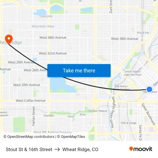 Stout St & 16th Street to Wheat Ridge, CO map