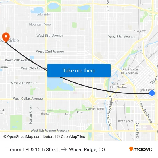Tremont Pl & 16th Street to Wheat Ridge, CO map