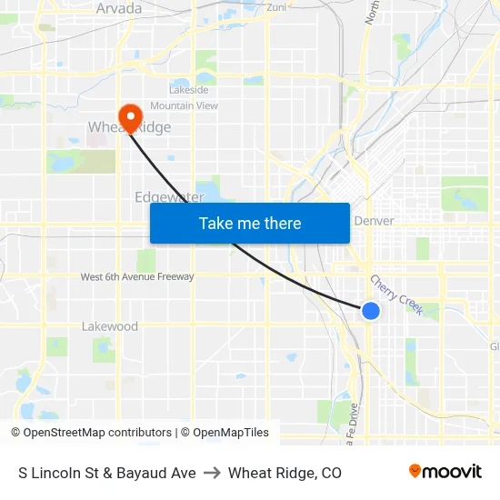 S Lincoln St & Bayaud Ave to Wheat Ridge, CO map