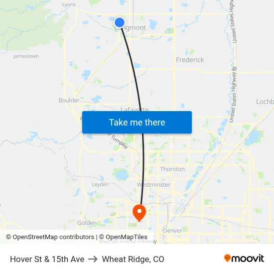 Hover St & 15th Ave to Wheat Ridge, CO map