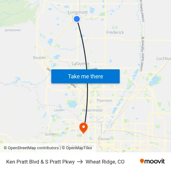 Ken Pratt Blvd & S Pratt Pkwy to Wheat Ridge, CO map
