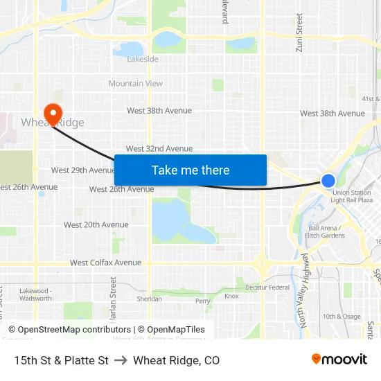 15th St & Platte St to Wheat Ridge, CO map
