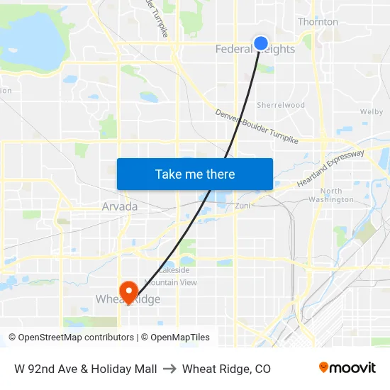 W 92nd Ave & Holiday Mall to Wheat Ridge, CO map