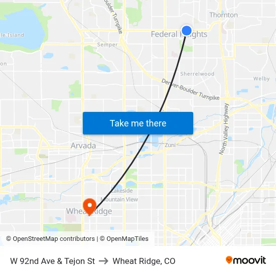 W 92nd Ave & Tejon St to Wheat Ridge, CO map