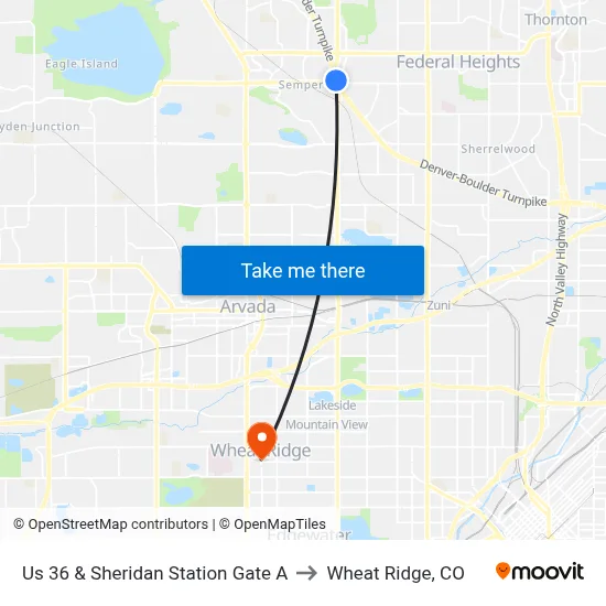 Us 36 & Sheridan Station Gate A to Wheat Ridge, CO map